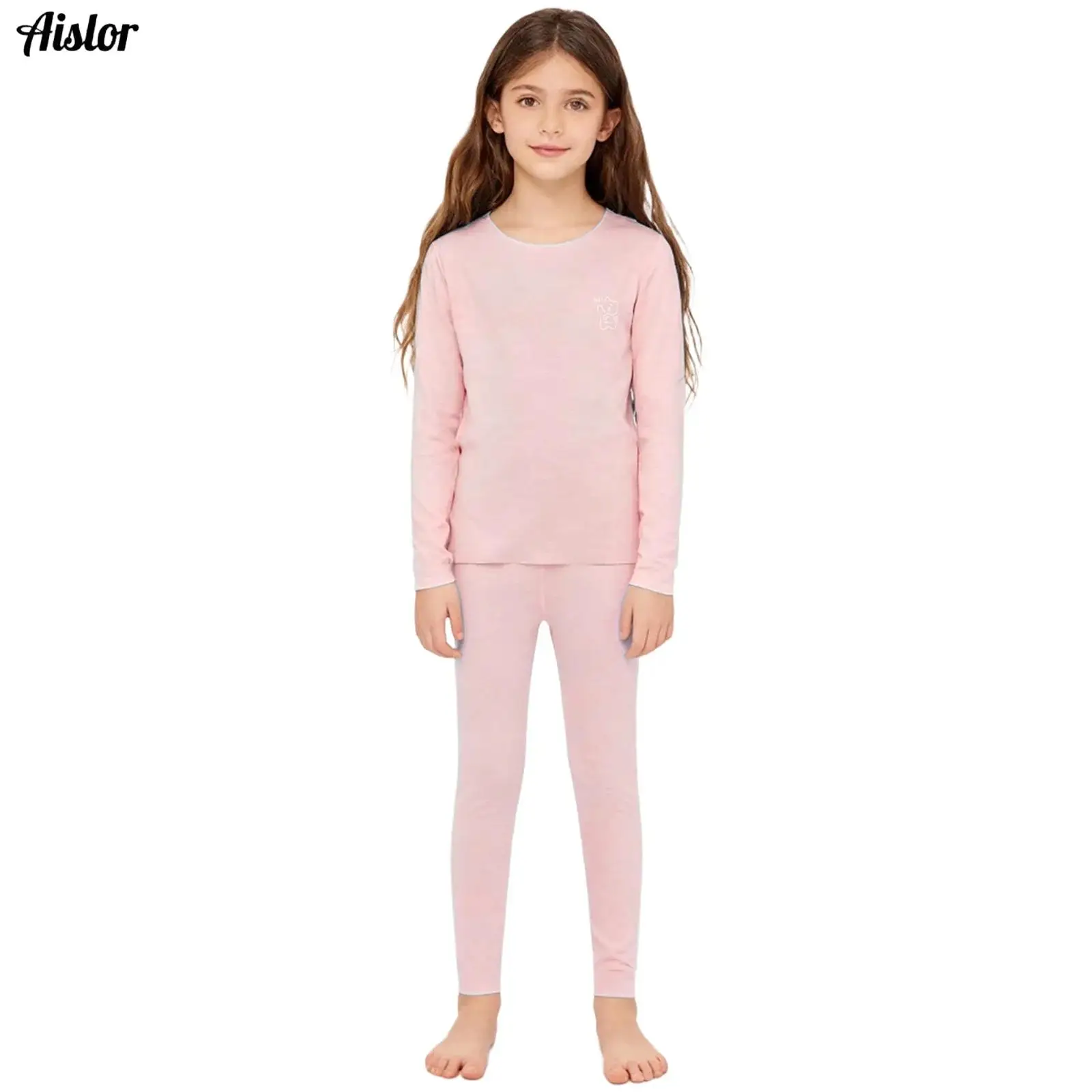 

Kids Boys Girls Solid Color Thermal Underwear Set Nightwear Homerwear Round Neck Long Sleeve Top with High Waist Leggings Pants
