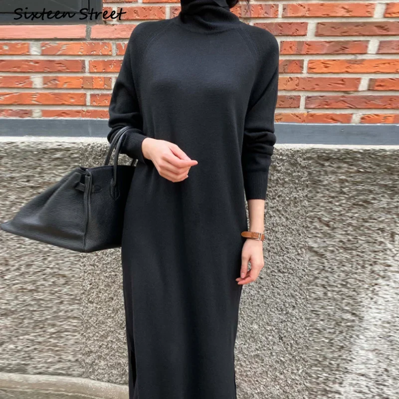 Black Soft Cashmere Dress Women  Chic Fall Winter Turtleneck Long Knitted Dress Bodycon Oversized Warm Elegant Knitwear Lady