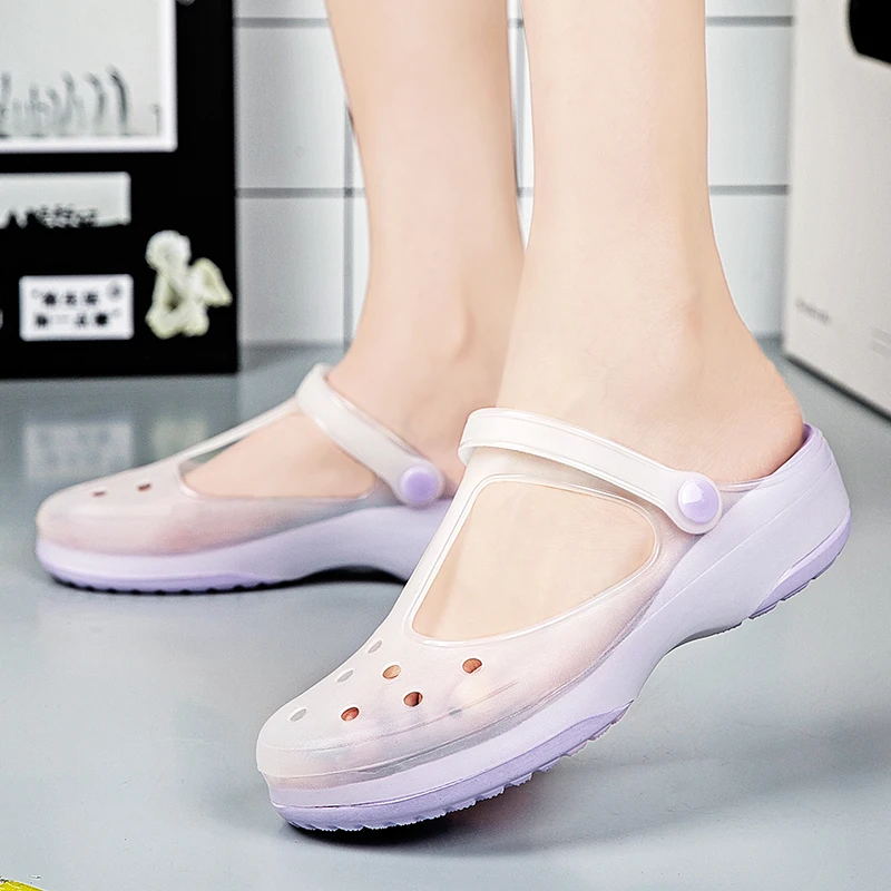 Summer Women Mary Jane Beach Sandals Hollow Out Breathable Jelly Garden Shoes Soft Bottom Anti Slip Slope Heel Cool Slippers