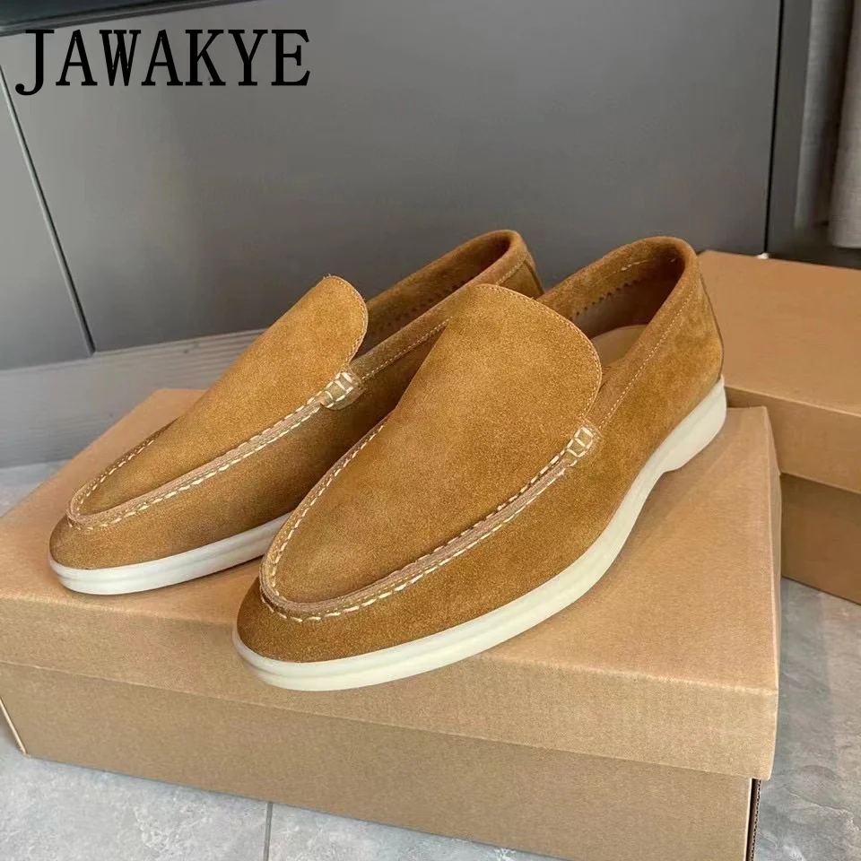 JAWAKYE Men Flat Loafers Shoes Summer Walking Casual Shoes Suede Shallow White Rubber Sole Mules Soft Slip on Men Shoes Low Top