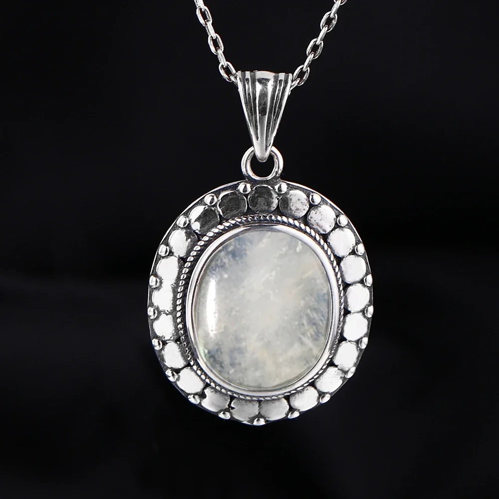 

Natural Large Oval 10*12MM Moonstone Necklace 925 Silver Pendant Necklace Vintage Luxury Wedding Party Gift for Women