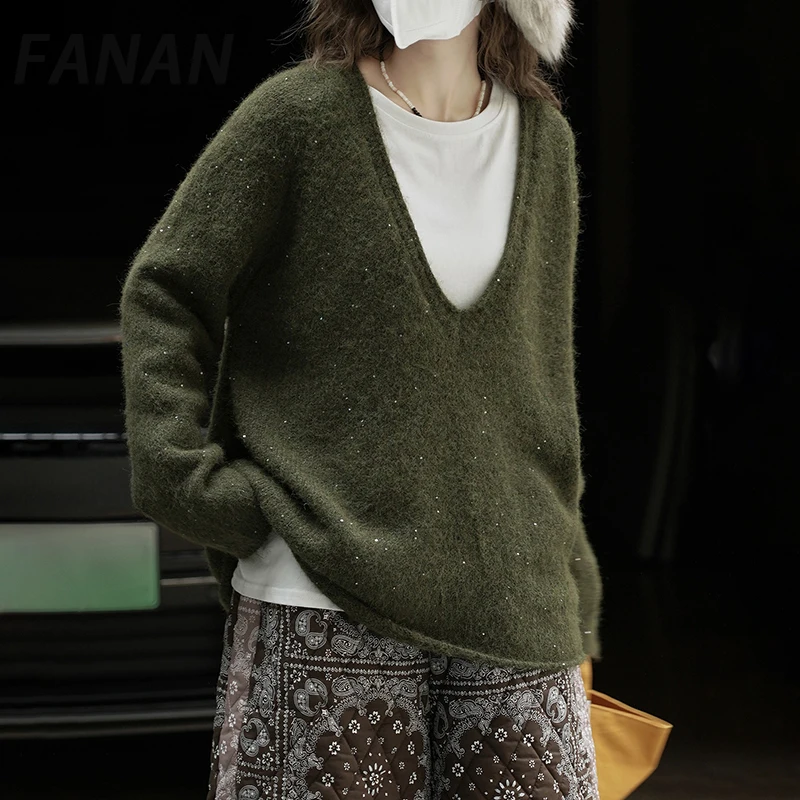 

FANAN зеленый вязаный пуловер, свитер для женщин, v-образный вырез, длинный рукав, повседневные свободные топы, офисная женская толстая теплая одежда, новинка зимы