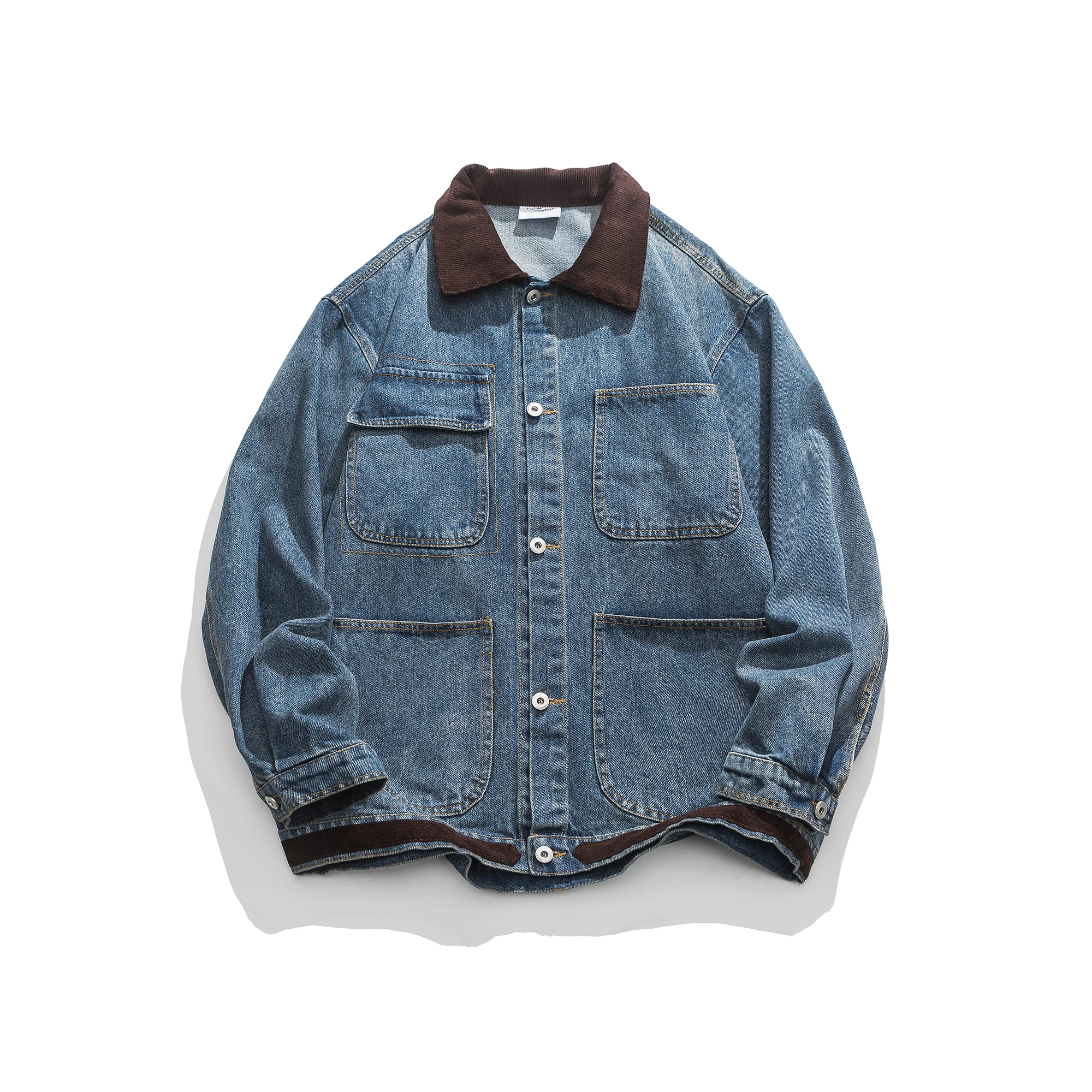 White picture corduroy collared denim jacketWhite picture corduroy collared denim jacket