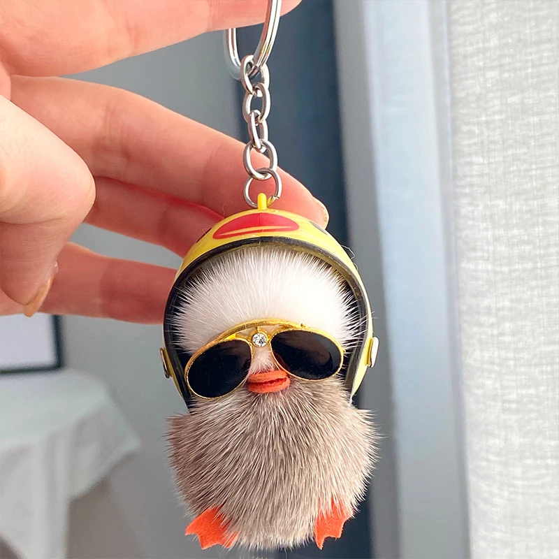 1PCS Unique Funny Plush Toy Duck Keychain With Helmet Key Ring Creative Colorful Animal For Women Gift Women Bag Car Keychain