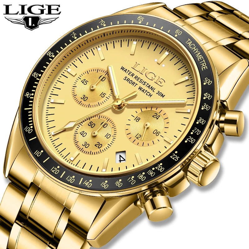 LIGE Men\'s Watches Luxury Gold Watches for Men Chronograph Waterproof Luminous Date Man Wrist Watch Stainless Steel Quartz Clock