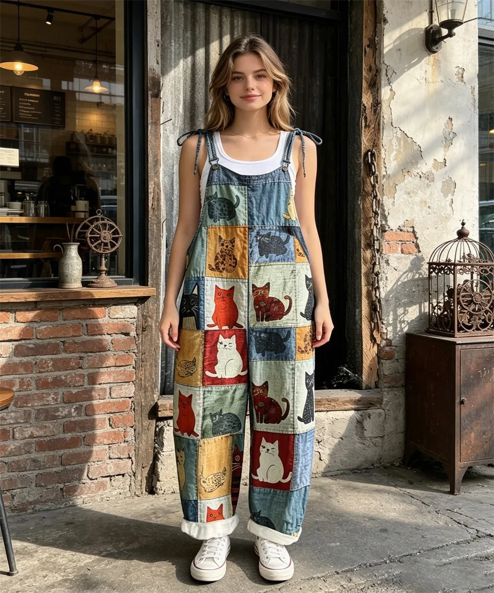 2026 Women's retro checkered patchwork hand-painted cat print comfortable jumpsuit, off shoulder sleeveless loose jumpsuit