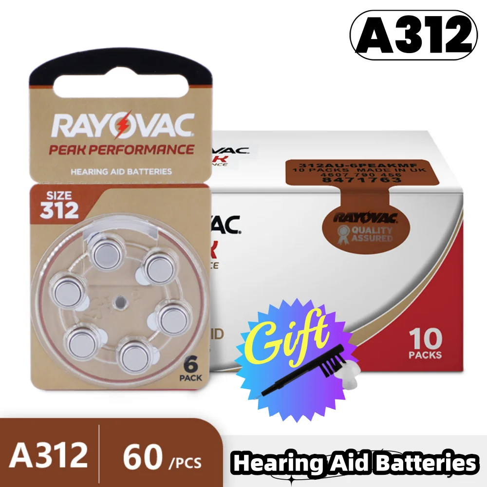 

60PCS Hearing Aid Batteries RAYOVAC PEAK 1.45V 312 312A A312 PR41 Zinc Air Battery For BTE CIC RIC OE Hearing Aids