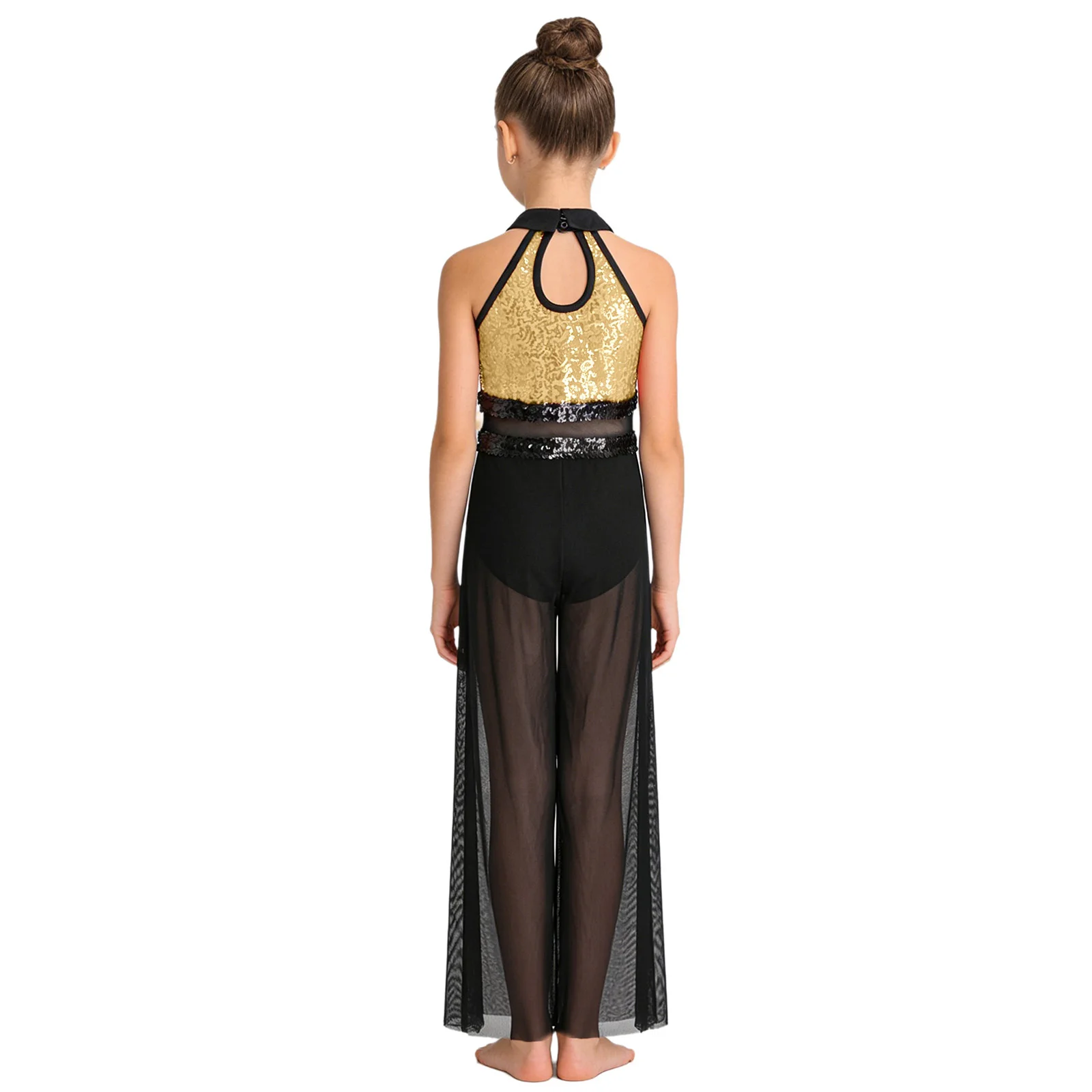 Kids Girls Jazz Dance Jumpsuit Sleeveless Shiny Sequins Mesh Wide-leg Bodysuit Built-in Briefs Hip Hop Street Modern Dancewear