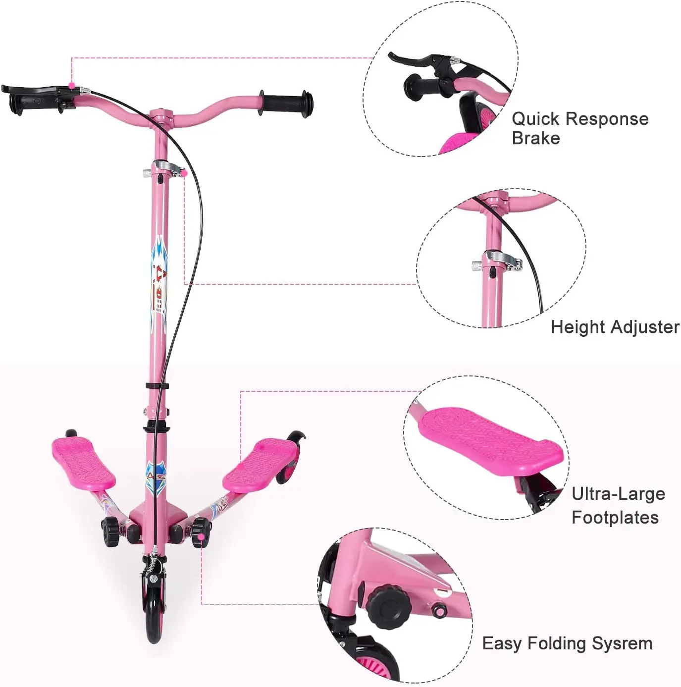 Scooter Swing Infantil com Altura Ajustável, Scooter Deriva, Scooters Wiggle, Dobrável para Meninos e Meninas, 3 Rodas, 5-12 Anos