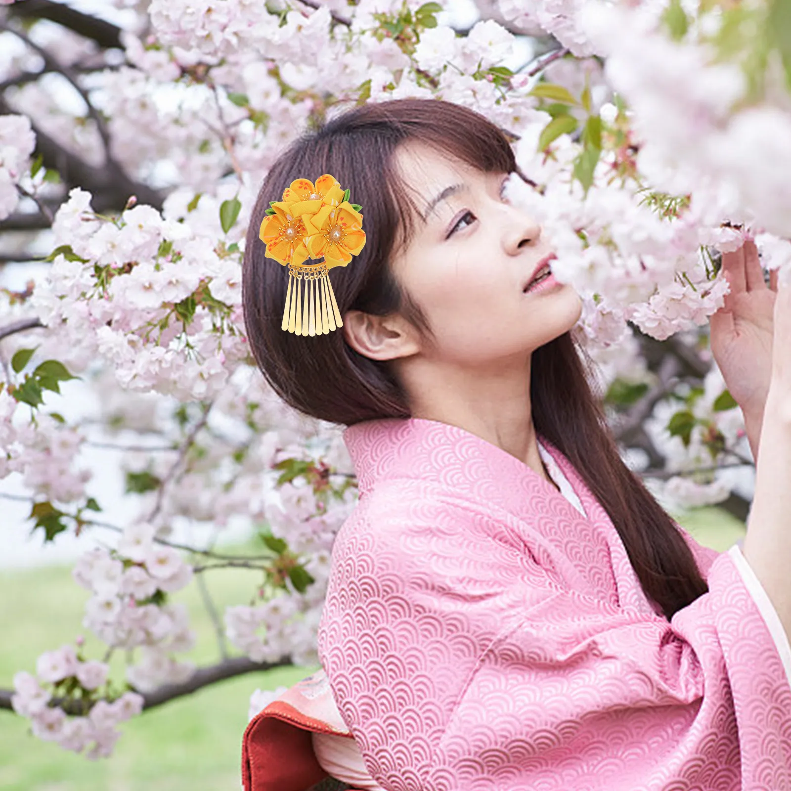 Flower Hair Clips Japanese Style for Hanfu and Kimono Outfits Tassel Decorative Hair Accessories Elegant Cloth Floral Barrettes