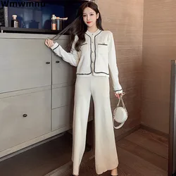 Elegant Women Knitted 2 Piece Sets Korea Casual Sweater Cardigan Tops Ensemble High Waist Ankle Length Wide Leg Pants Conjunto