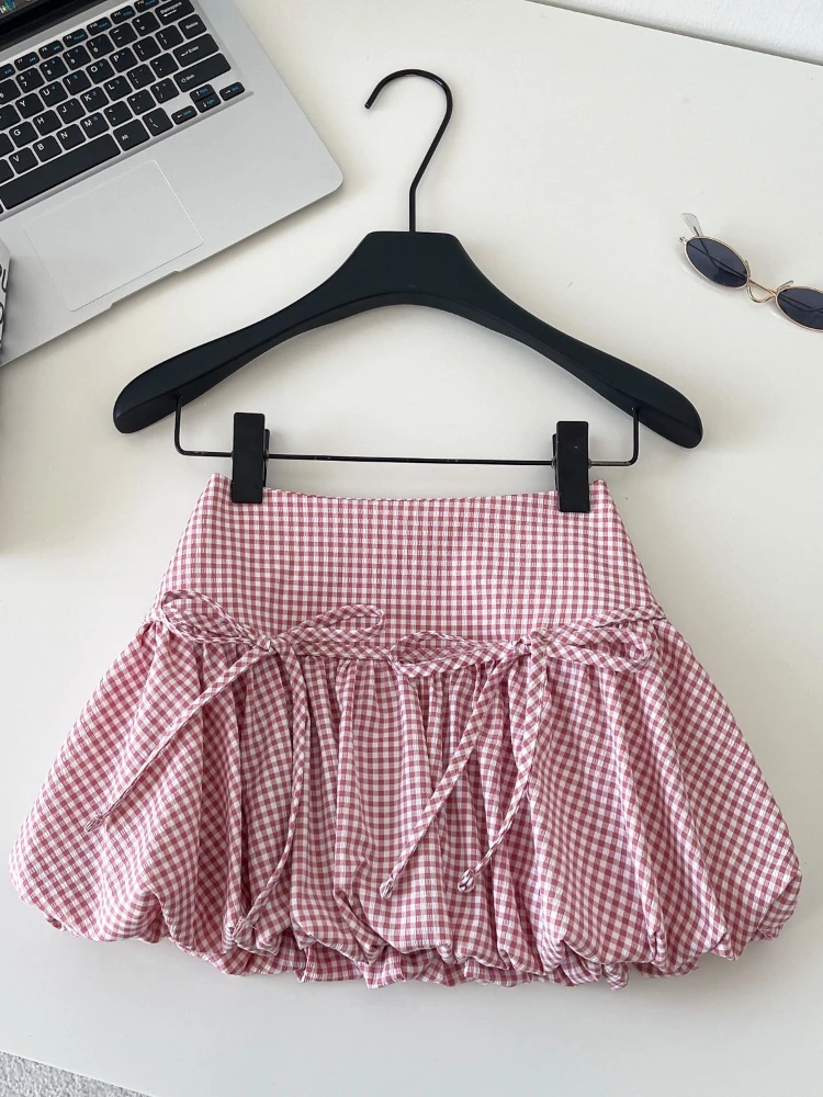 Summer Y2K Sweet Plaid Mini Skirt Women High Waist Slim Fit Pink Bubble Skirt Cute A-Line Short Skirt Korean Fashion Clothes