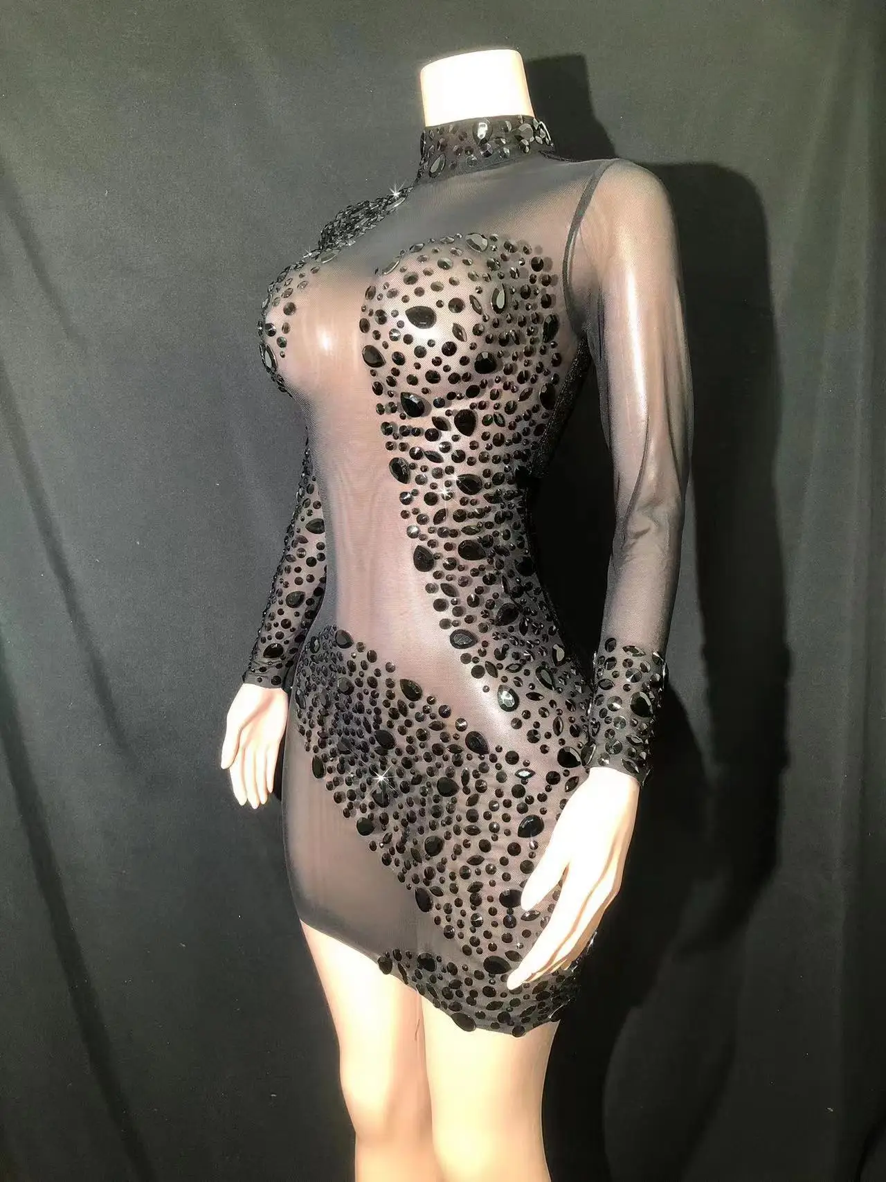 

Black Diamond Dress Bar Transparent Mesh Lace Rhinestone Long Sleeve Turtleneck Short Skirt Nightclub Female Singer Performance