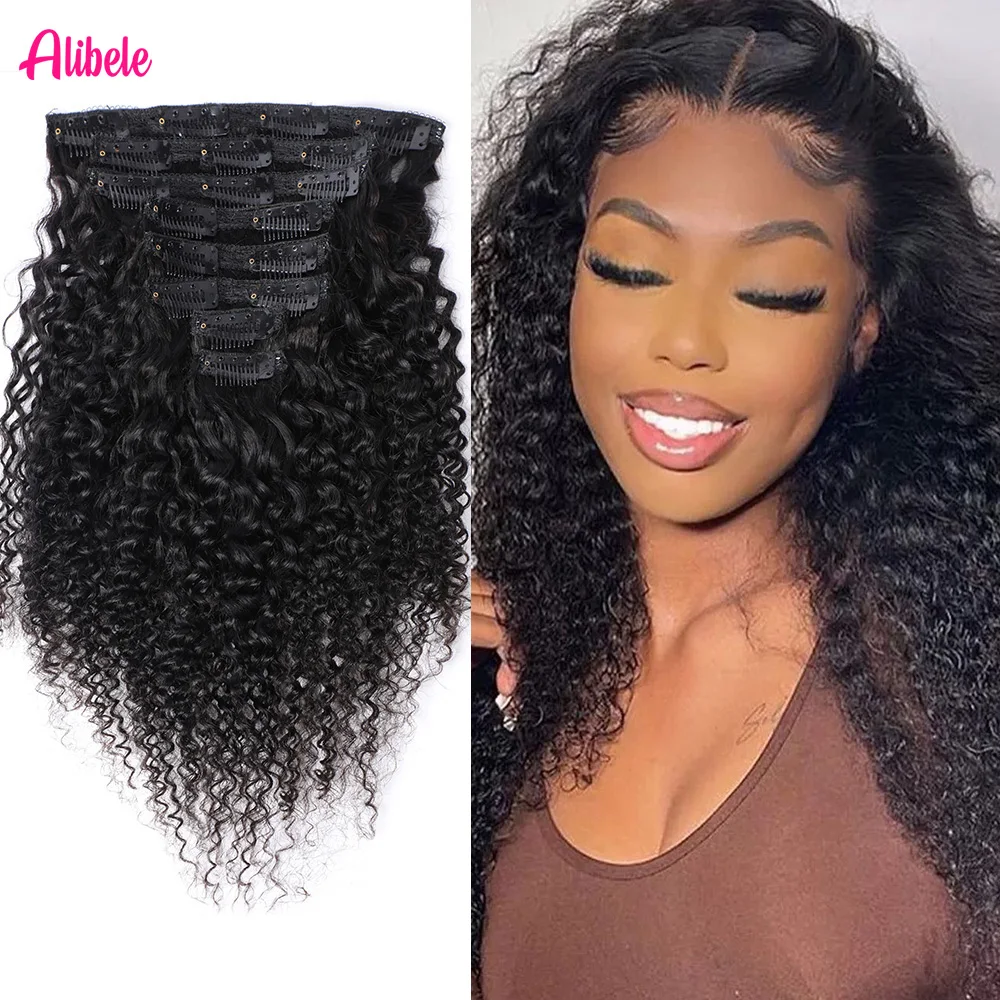 

Alibele Kinky Curly Clips In Human Hair Extensions Natural Color Peruvian 100% Remy Human Hair 120G 8Pcs/Set Full Head For Women