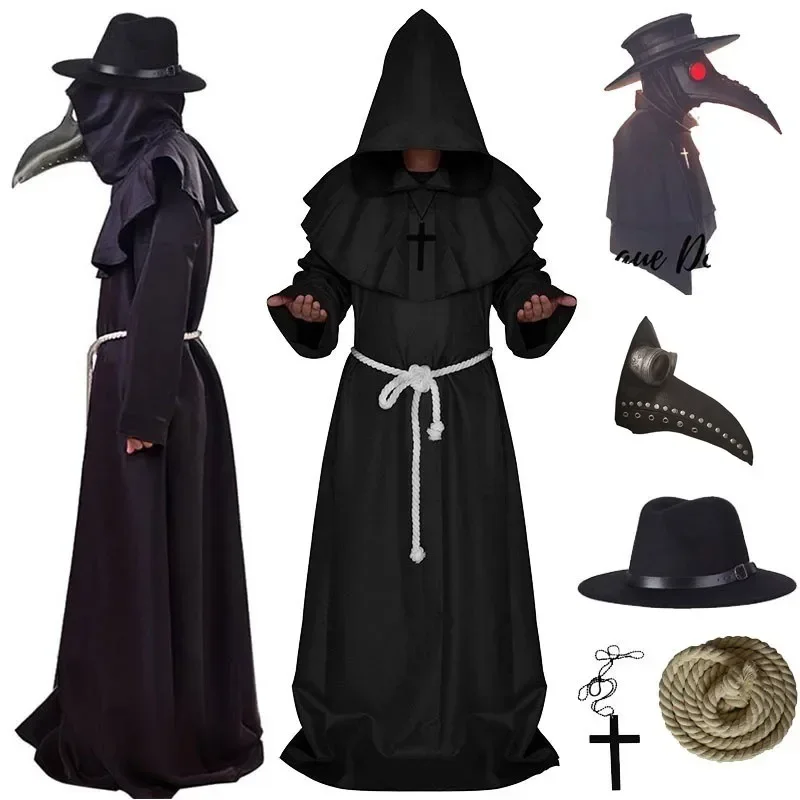 Cosplay Plague Doctor  Costume Medieval Hooded Robe Steampunk Terror Mask Hat Adult Halloween Party Role Play Size S-XL