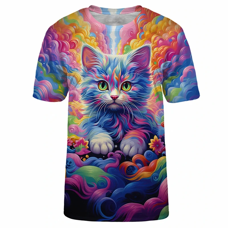 

Sweet Fantasy Color Animal T-shirt For Kids Daily Casual Fashion Short Sleeve Pullover Outdoor Sports Cute Cat Print Tee Top New