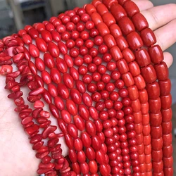 Natural Red Coral Bead Irregular Chip Drum Drop Rice Round Loose Stone Beads for Jewelry Making DIY Handmade Craft Bracelet 15''