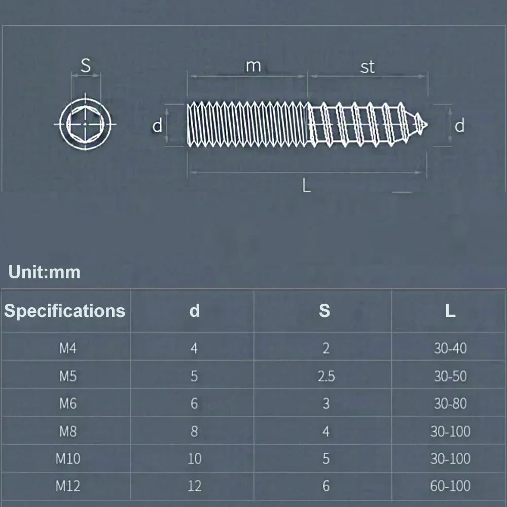 M4 M5 M6 M8 M10 Zinc-Plated Hex Socket Head Self-Tapping Double-Ended  Furniture Assembly Screw Pointed Tip Sofa Staircase Bolt