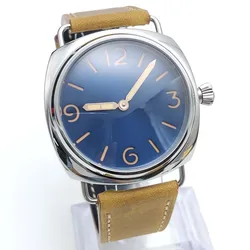 7 Colors 17Jewels 6497 Manual Mechanical Watch 45mm Blue No Logo Dial Luminous Manual Winding Watch Men's Watch Leather