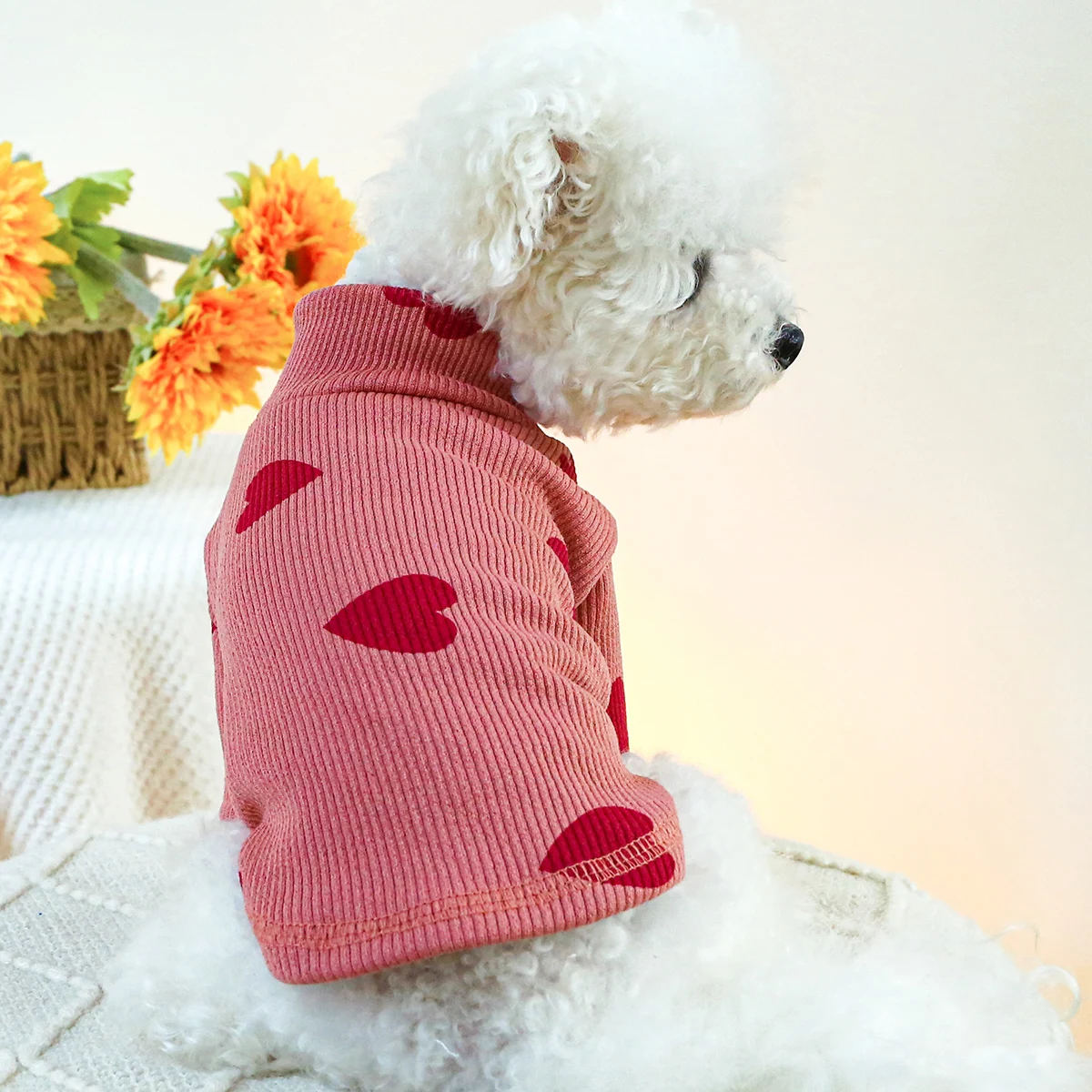 애완 동물 의류 강아지 고양이 용수철 가을 얇은 핑크 러브 하이 넥 탄성 풀오버 잠옷, 소형 중형견용 홈 수트, 1PC