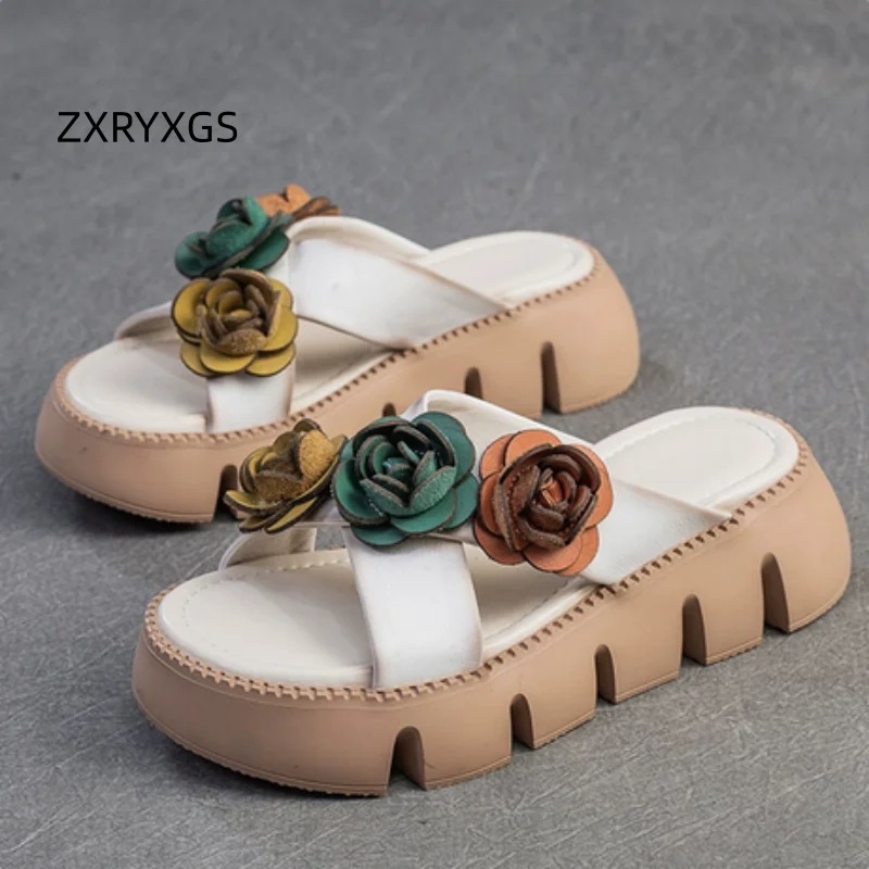 ZXRYXGS Premium Cowhide Spell Color Classic Flowers Slippers 2026 Summer Women Outside Slippers Platform Elevator Shoes Sandals