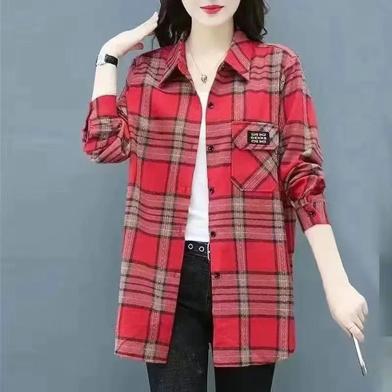 Women\'s Spring and Autumn New Fashion Elegant Polo Collar Plaid Button Pocket Casual Versatile Long Sleeve Loose Shirt Tops