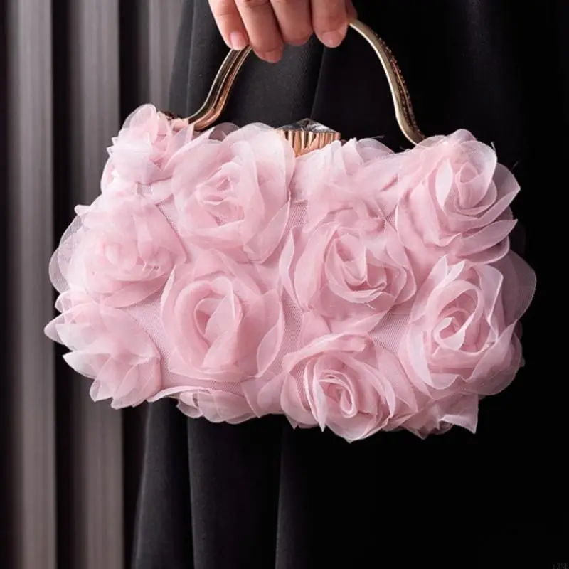 

Y3NE Elegant 3D Rose Floral Evening Bag for Formal Event Ladies Rhinestones Top Handle Clutch Purse Handbag with Chain Strap