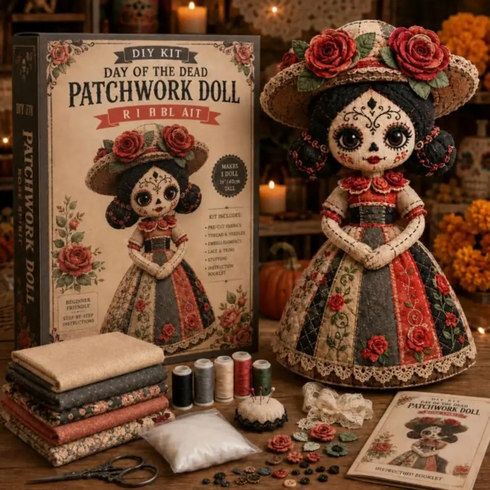 Image of Tag der Toten Patchwork-Puppen DIY-Set, Zuckerschädel-Nähset für Erwachsene, Halloween-Stoffpuppen-Bastelset, Handgefertigt