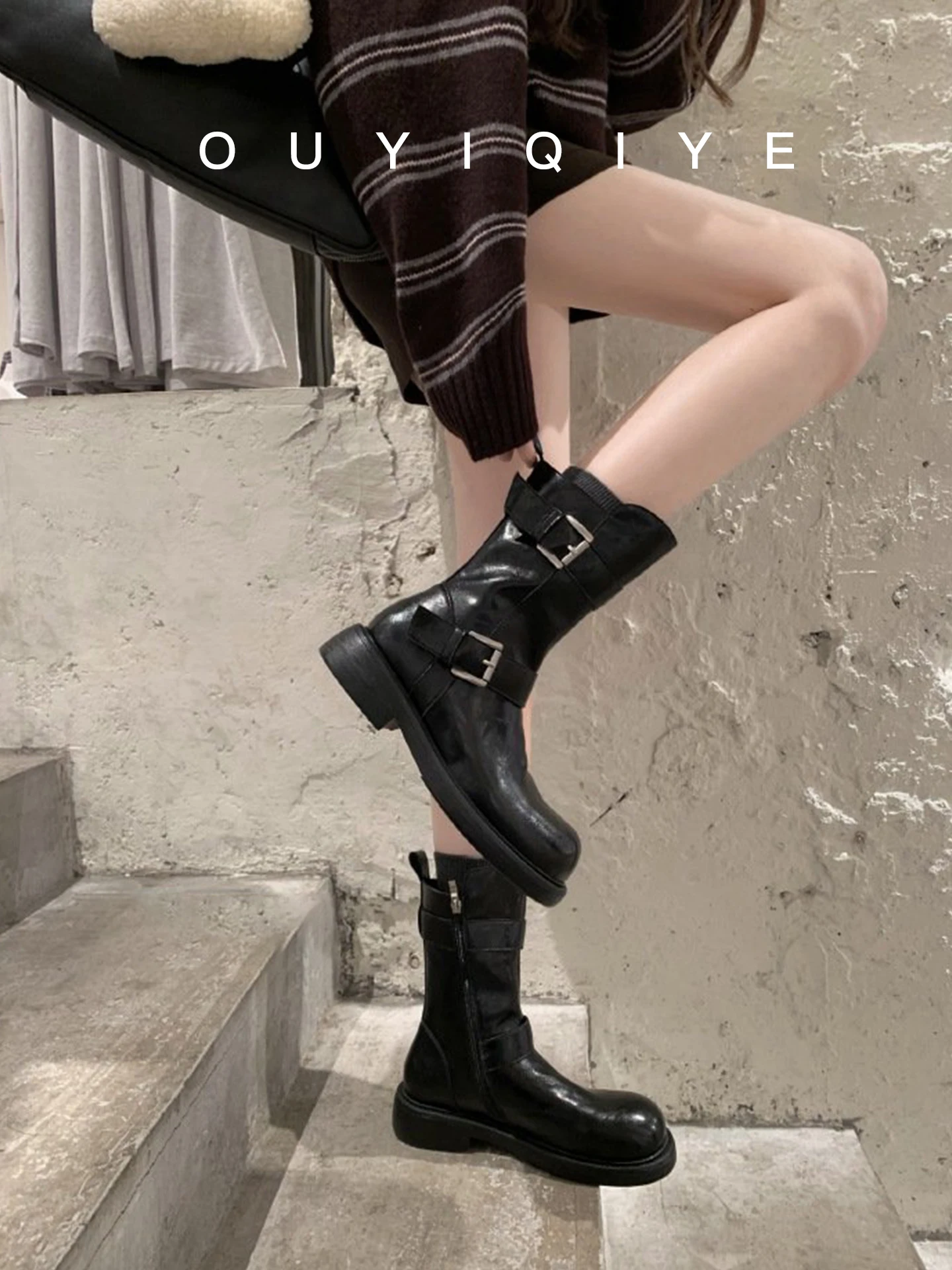 

Retro Leather Belt Bule ort Boots Women's Chunky Heel Motorcycle Boots Winter New Sle Middle Tube Boots