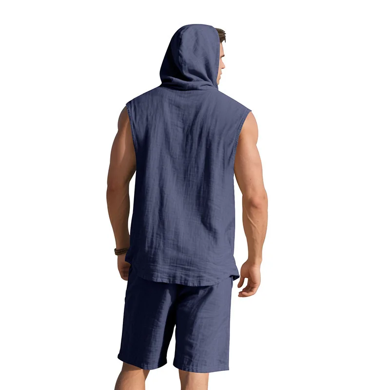 Conjunto de Dos Piezas de Camisa sin Mangas con Capucha y Pantalones Cortos de Lino, Estilo Casual y Minimalista para Verano, Traje con Capucha para Hombre