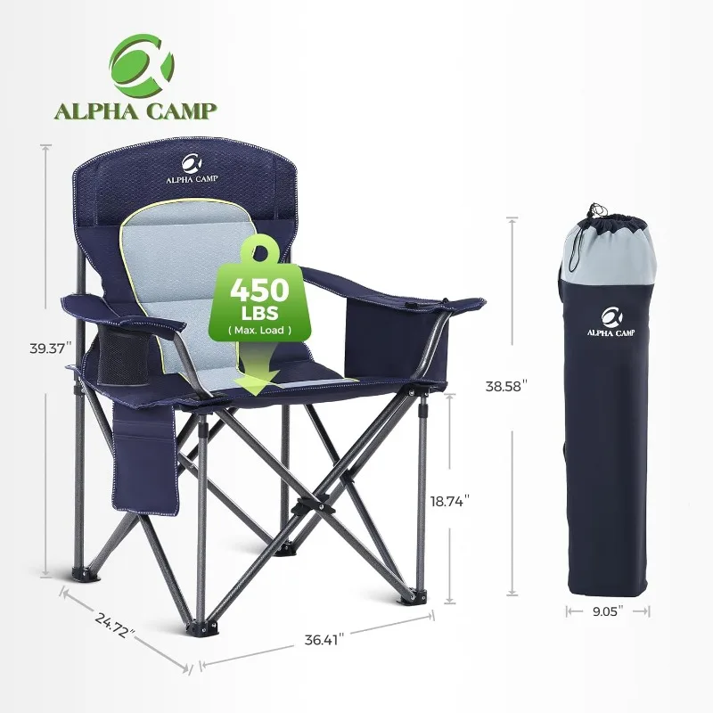 Oversized Camping Folding Chair Heavy Duty Lawn Chair with Cooler Bag Support 450 LBS Steel Frame Collapsible Padded Arm