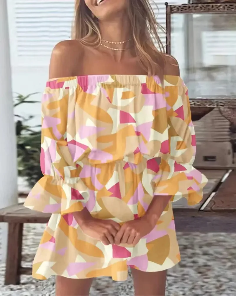 Off-shoulder mini-jurk met bloemenprint voor dames - Boho-casual jurk met ruches en klokmouwen voor zomerstrandfeest - afbeelding 1
