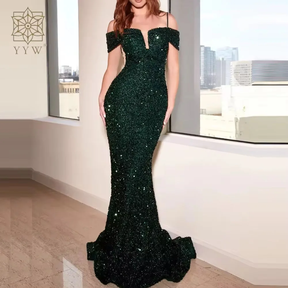 Off the Shoulder Mermaid Evening Dress Slim Stretchy Sequin Velvet Slash Neck Floor Length Luxury Women Party Evening Dresses