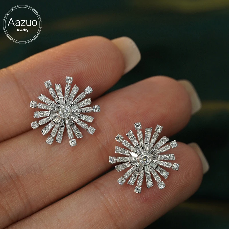 Aazuo Luxury Jewelry18K Pure White Gold Real Natrual Diamonds 1.04ct Sun Flower Shape Stud Earring Party Fine Jewelry Hot Sell