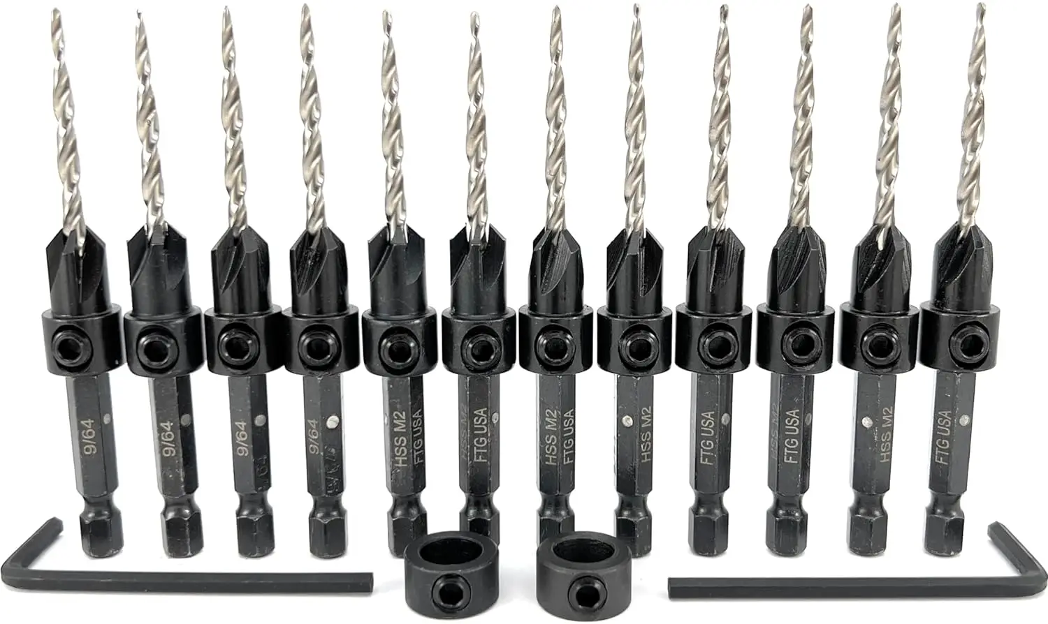 

12-Piece #6 (9/64") Countersink Drill Bit Set with Depth Stop Collar and Hex Wrench - Tapered Bits for Woodworking