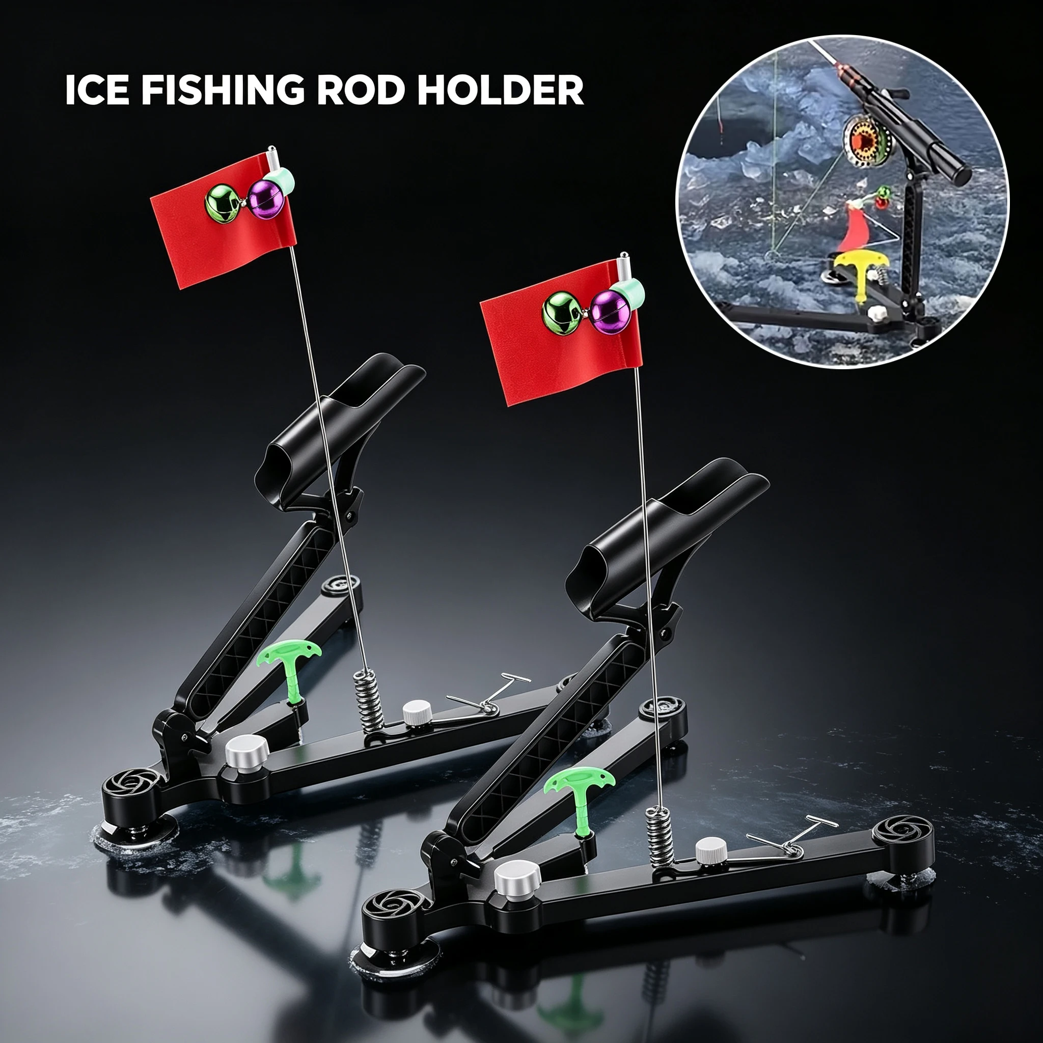Ice Fishing Rod Holder Foldable with Bell Flag Adjustable Bracket Portable Winter Ice Fishing Tackle Ice Auger Compatible Access
