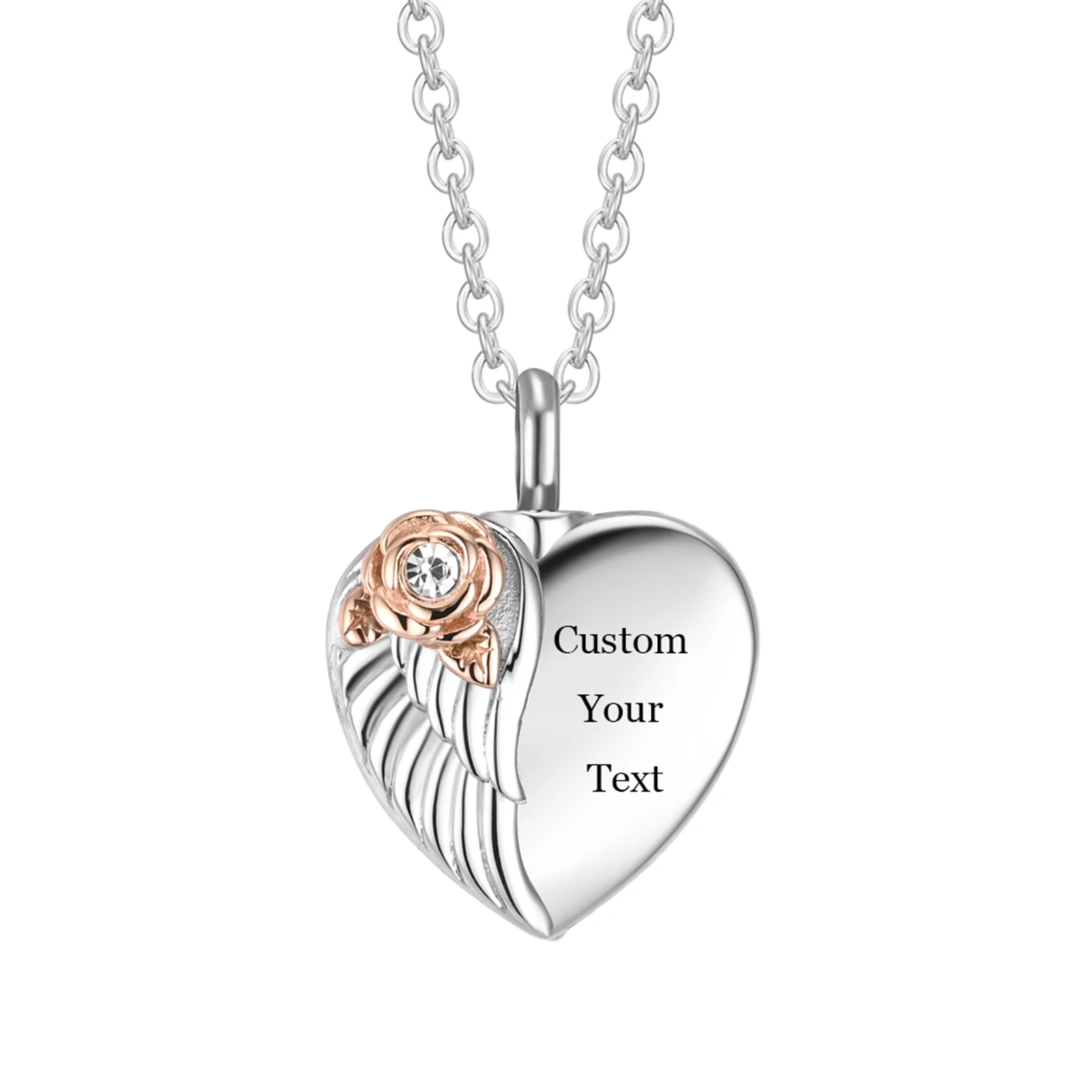 Stainless Steel Angel Wing With Rose Heart Urn Pendant for Ashe Cremation Keepsake Customize Name Necklace Jewelry Gift