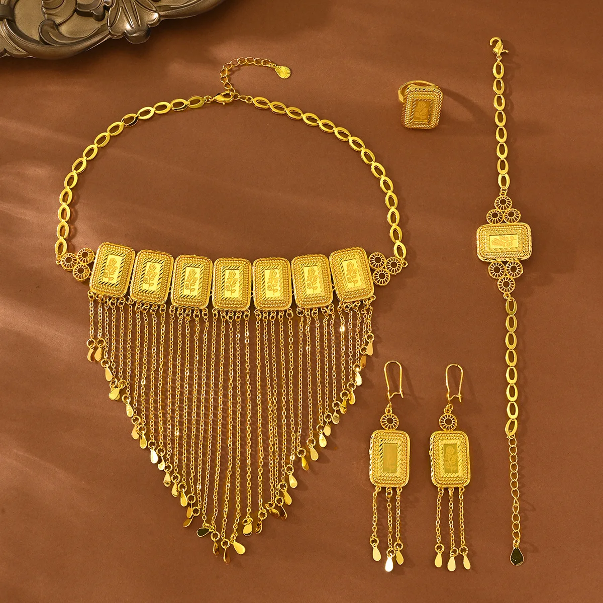 9999 gold laser-engraved rose Four-piece necklace, earrings, bracelet and ring set - Cross-border wholesale from the Middle East