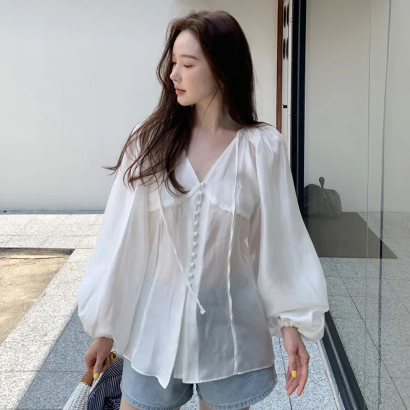 Neploe Chic Summer French Sweet Gentle Style Blouses V-Neck Single Breasted Loose Casual Versatile Solid Color Puff Sleeve Shirt