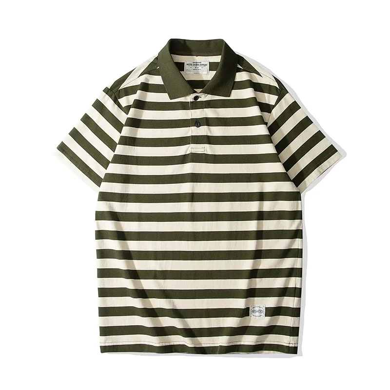 Imagem -03 - Okonkwo Amekaji 230g Grosso Peso Lapela T-shirt Sea Ouriço Vintage Stripe Manga Curta Camisa Polo Outdoor Sports Clothes