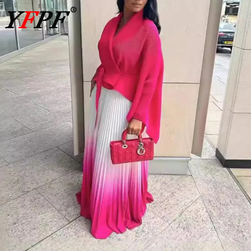 

YFPF Women Elegant Contrast Color Pleated 2 Piece Set Belt Loose Tops + Gradient Skirt Fashion 2025 Female New Clothing 3A164