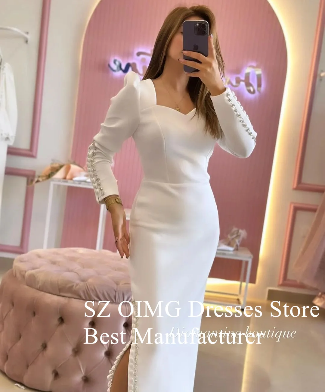 OIMG White Rhinestones Prom Dresses Long Sleeves Tea Length Arabic Ruched Satin Elegant Mermaid Evening Gowns Formal Party Dress