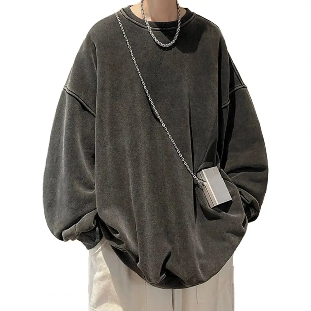 Oversized Sweatshirt Vintage Loose Solid Color Men's Sweatshirt Warm Pullover for Fall/winter Spring Mid-length Streetwear Top