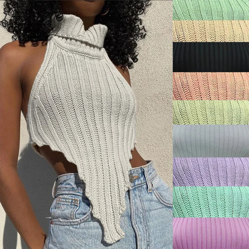 

Сексуальный облегающий вязаный жилет с открытыми плечами и высоким воротником без подошв, однотонный женский свитер Street Sle на весенний сезон