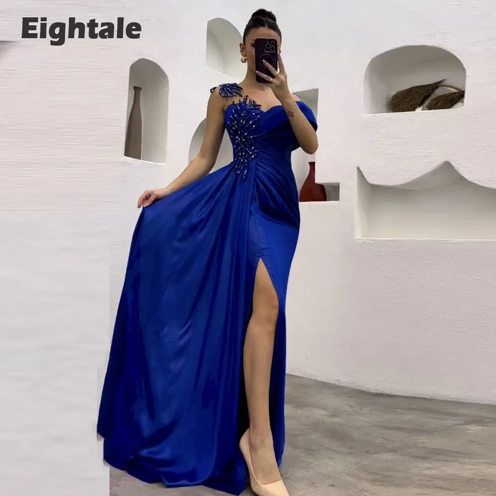 

Eightale Royal Blue Evening Dress V-Neck Beaded Rhinestones Satin Side Slit Beach Prom Party Gown for Wedding robe de soiree