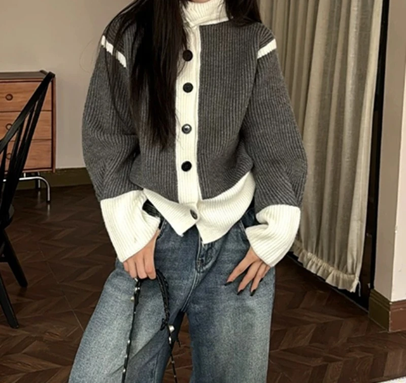 

2025 New Color Blocking Knitted Sweater Cardigan Jacket for Women's Autumn and Winter Casual Design Sense Top
