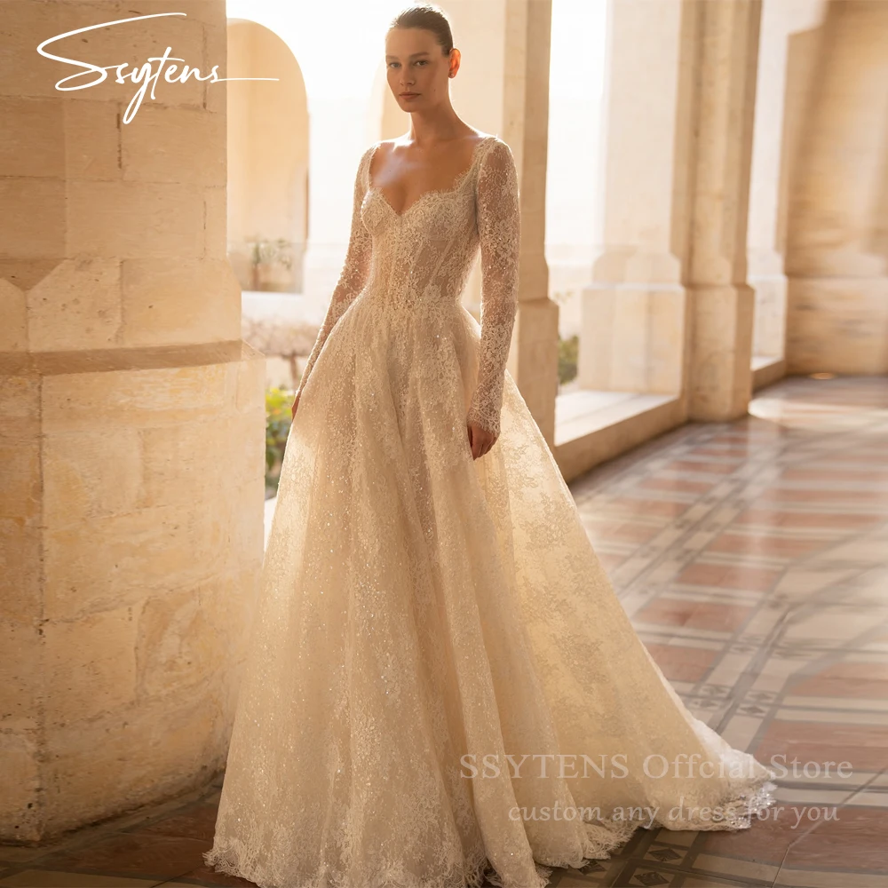 

SSYTENS Customized Princess Glitter Ivory Wedding Dresses Women Full Sleeves Lace Ball Bridal Gown Court Train 2026 Sweetheart