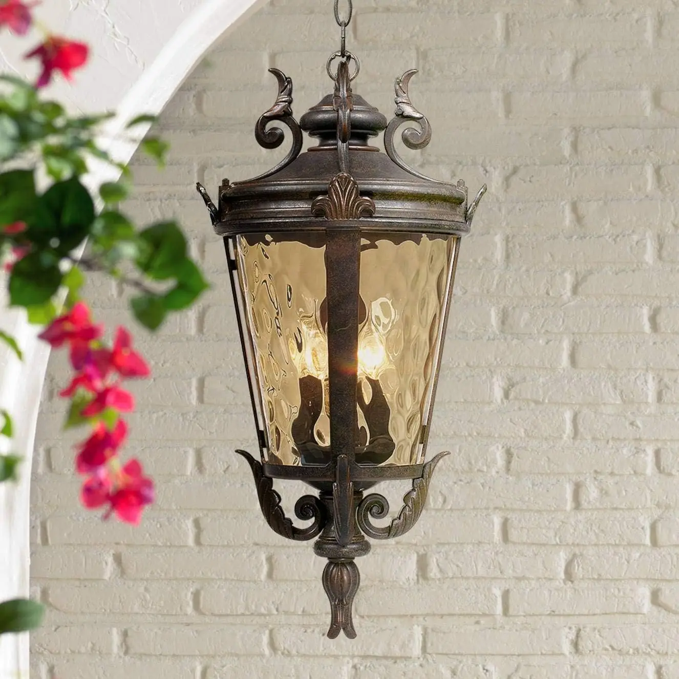 

European Outdoor Ceiling Light Hanging Bronze Scroll 23 3/4" Hammered Glass Damp Rated for Exteri