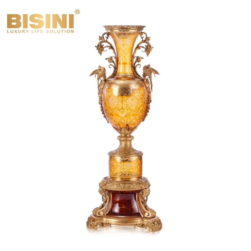 French Orange Red Copper with Colorful Glass Large Vase, Living Room Accessories Luxurious Living Room Entrance Floor Vase
