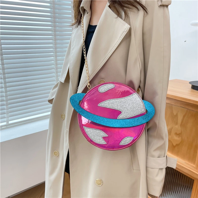 Bolso redondo pequeño de cuero Pu con contraste de colores para mujer, bandolera de hombro con cadena, bolso Circular para teléfono, monedero femenino